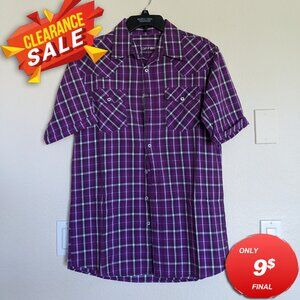 Men Purple Plaid Short Sleeve Button Down Shirt Large